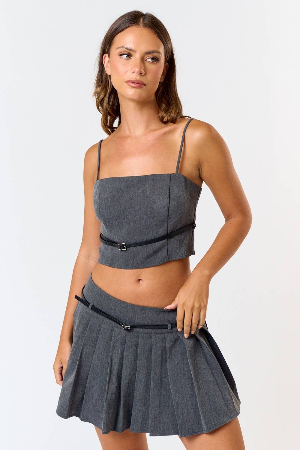 Blue Blush - Wholesale Top & Skirt Set - Women's - IBS31066 Belted Top and Pleated Mini Skirt Set5