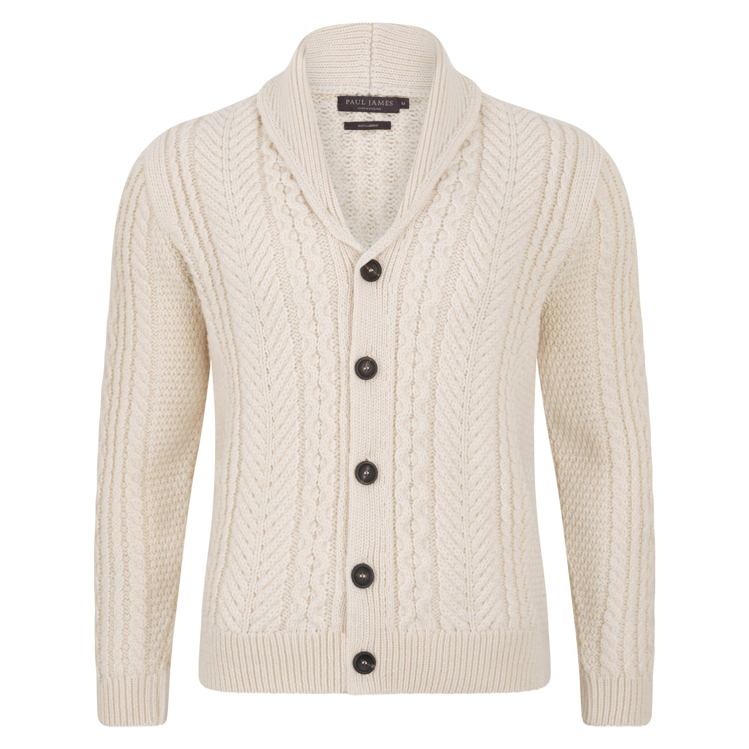 Paul James Knitwear - Wholesale Cardigan - Men's - Mens Chunky Merino Wool Shawl Collar Cable Cardigan0