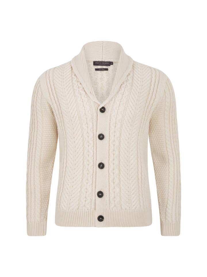 Paul James Knitwear - Wholesale Cardigan - Men's - Mens Chunky Merino Wool Shawl Collar Cable Cardigan