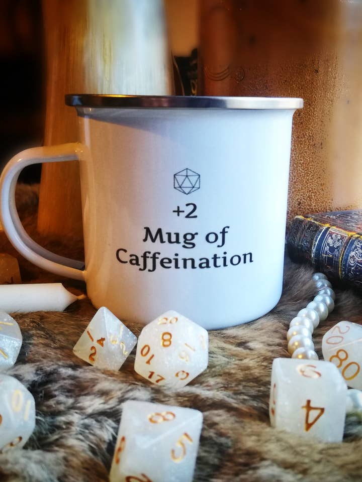 +2 Mug of Caffeination Enamel Mug for wholesale by Pink Dice Bag