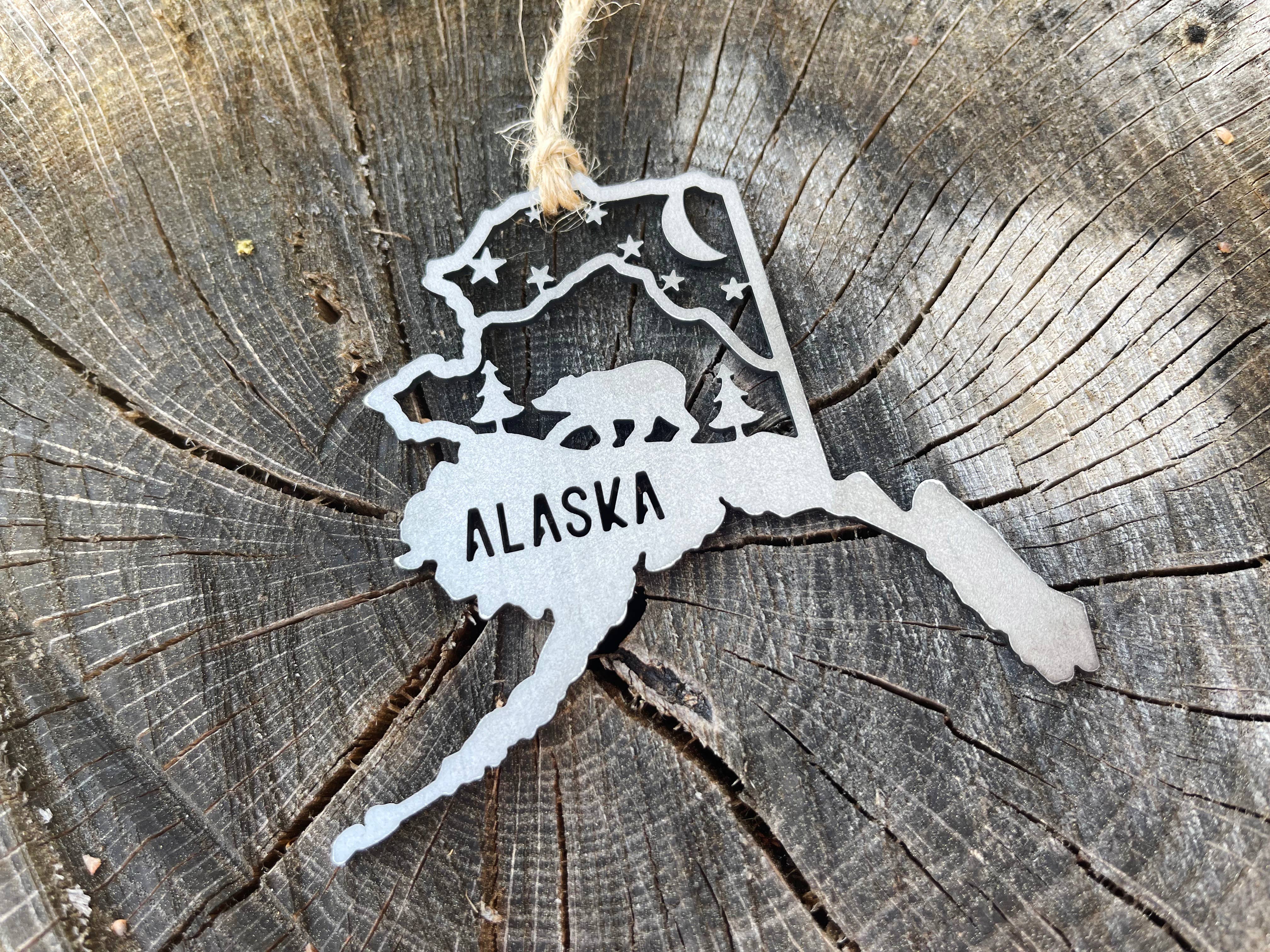 BE Creations & Designs, Inc. - Wholesale Ornament - Alaska State Bear Scene Raw Steel Ornament made in USA *NEW3