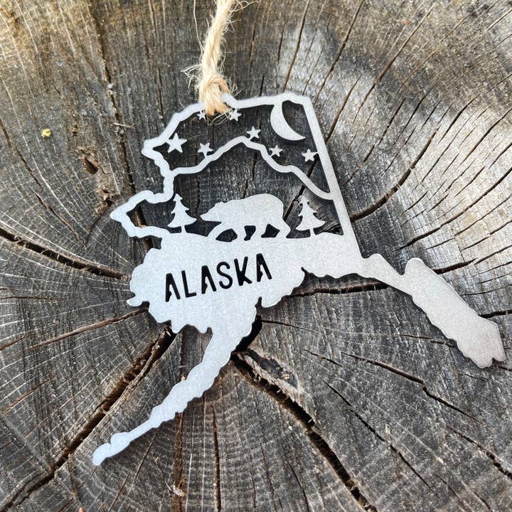 BE Creations & Designs, Inc. - Wholesale Ornament - Alaska State Bear Scene Raw Steel Ornament made in USA *NEW3