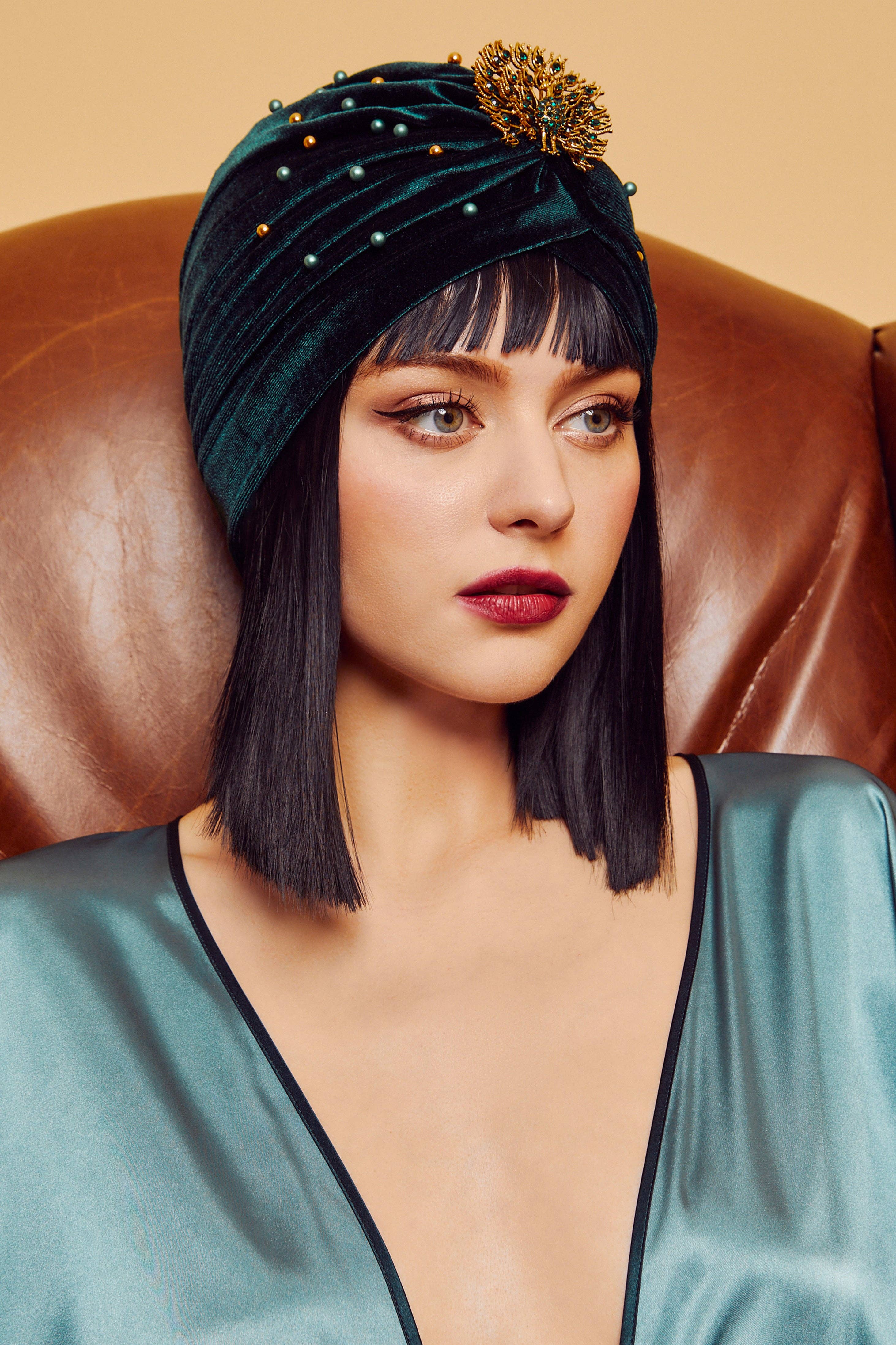 Forest Green Light Gold 1920s Beaded Peacock Turban Hat for wholesale on Faire4