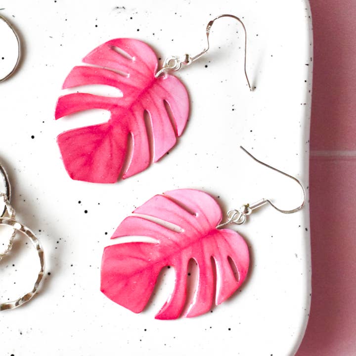 Pink Monstera Deliciosa Plant Earrings | Leaf Earrings for wholesale by For the Love of Foliage
