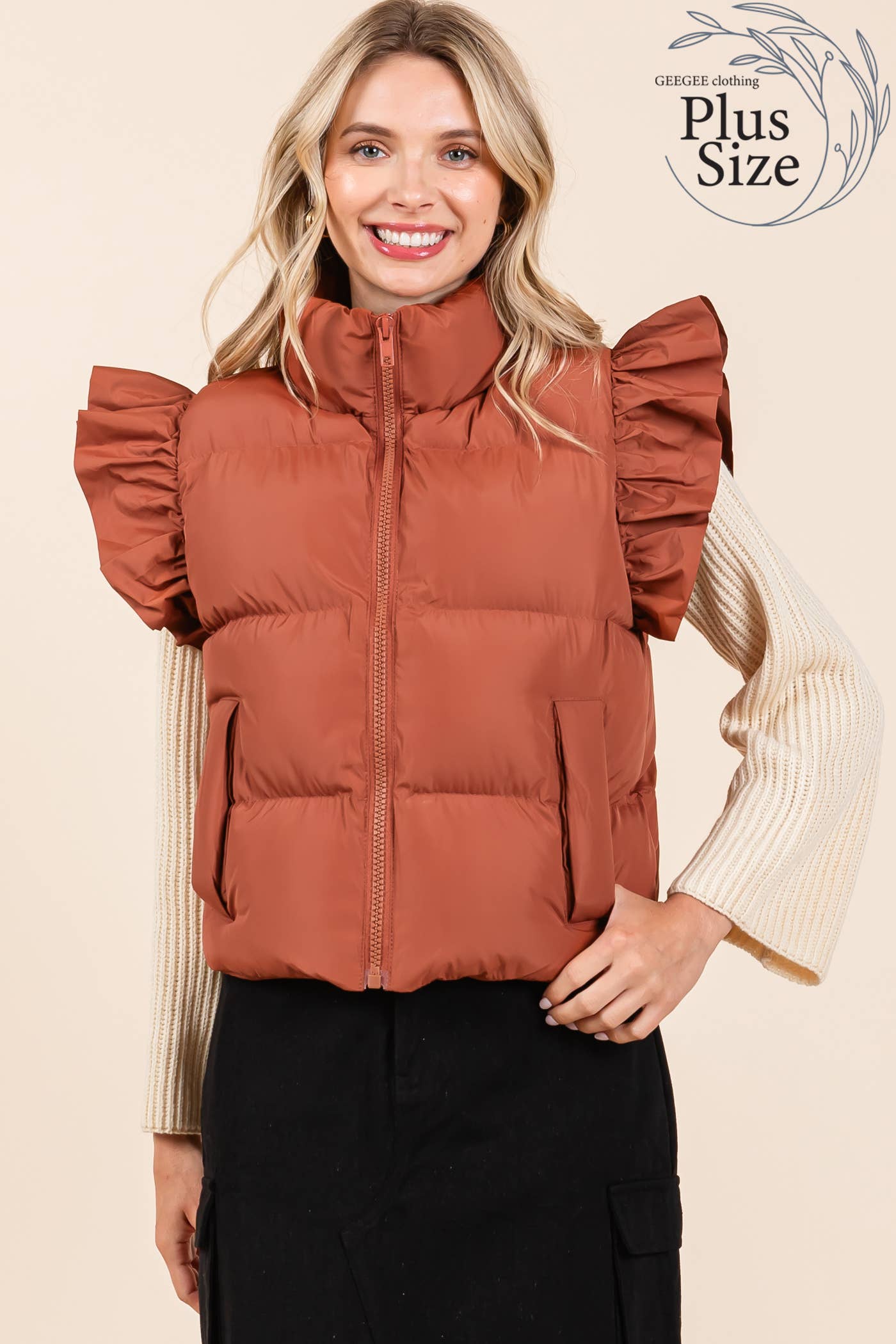 GeeGee x Lovelo - Wholesale Outerwear Vest - Women's - Plus Ruffled Sleeve Puffer Vest, MJ4501PL6