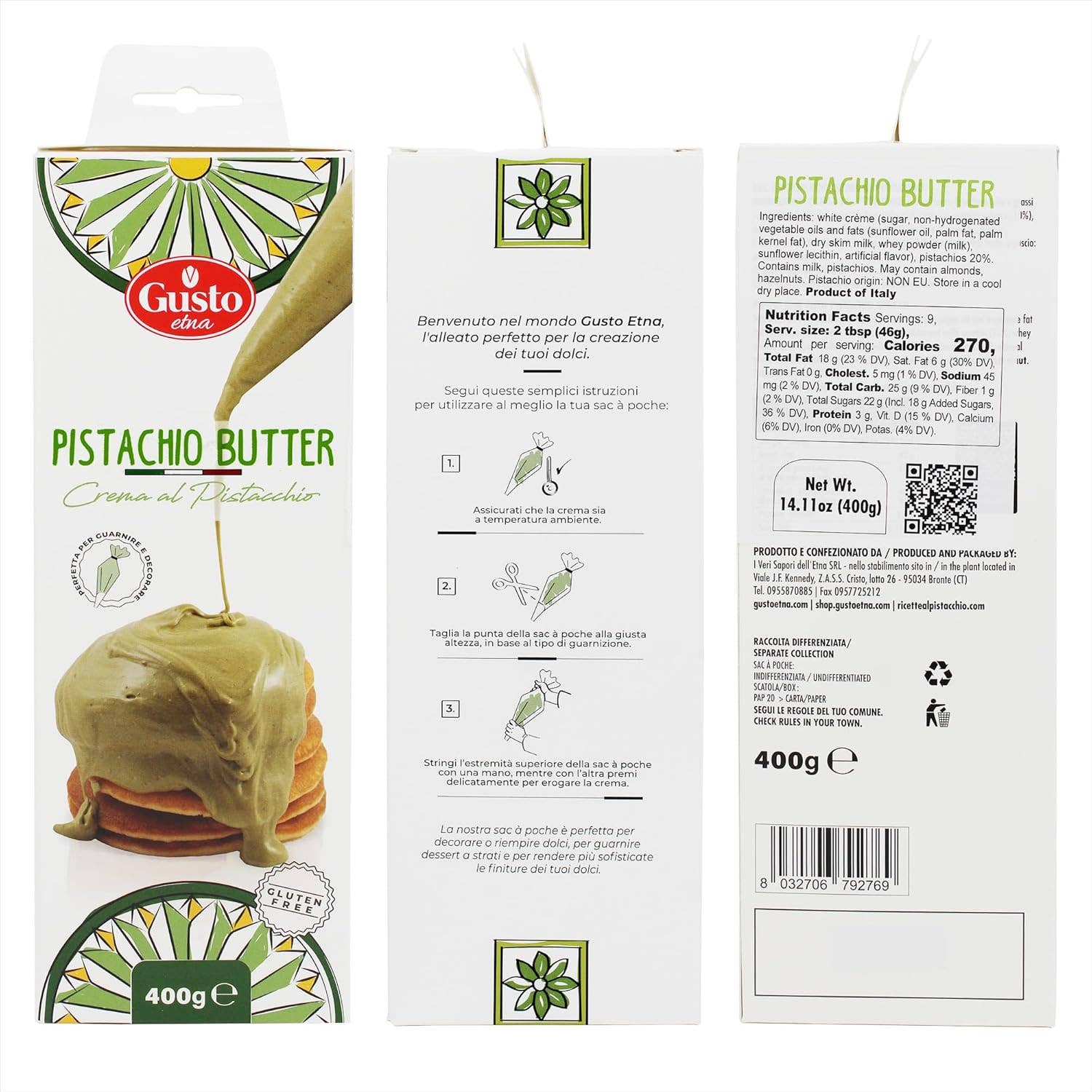 Wholesale Italian Food - Wholesale Nut Butter - Gusto Etna Pistachio Nut Butter Cream Squeeze Pouch 400g (14.1 oz) – 20% Pistachio, Made in Italy, Pistachio Spread for Gelato, Pastry & Desserts1
