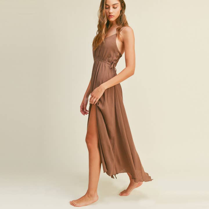 V-NECK SHARKBITE HEM WITH SIDE LACE UP WOVEN MAXI for wholesale by Paperdoll