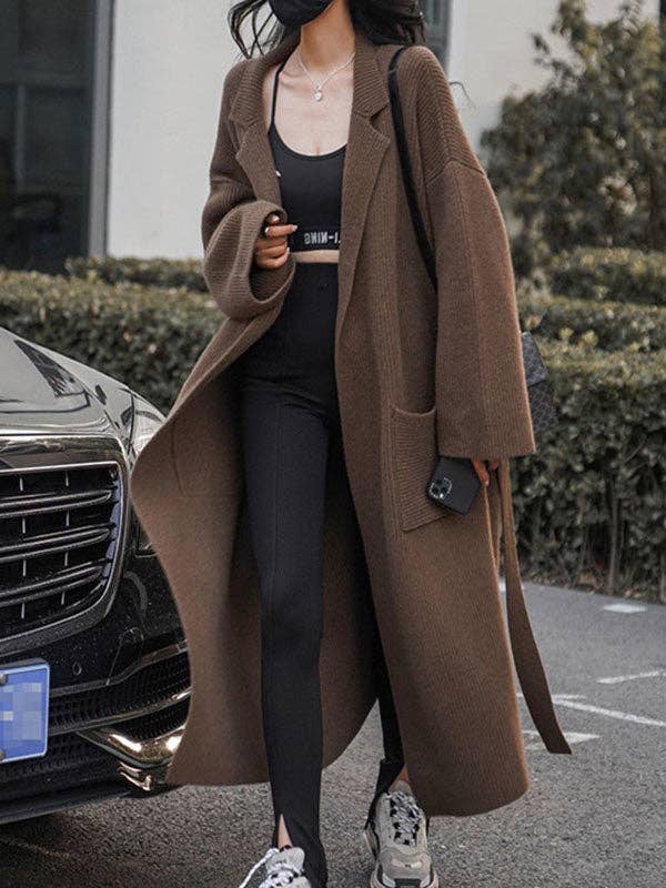 StyleGalX - Wholesale Cardigan - Women's - Long Sleeves Loose Pockets Solid Color Tied Waist Notched Collar Cardigan Coats5