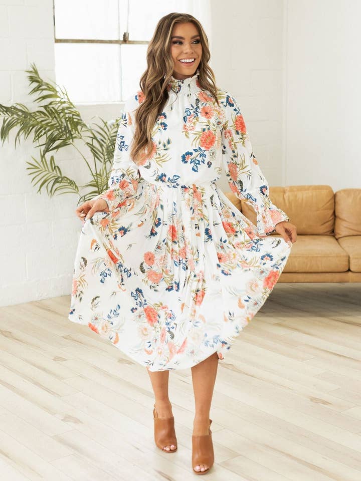 Eleanor White Dress | Smocked Dress | Long Sleeve Midi Dress for wholesale by Indie & Co. | Women's Apparel