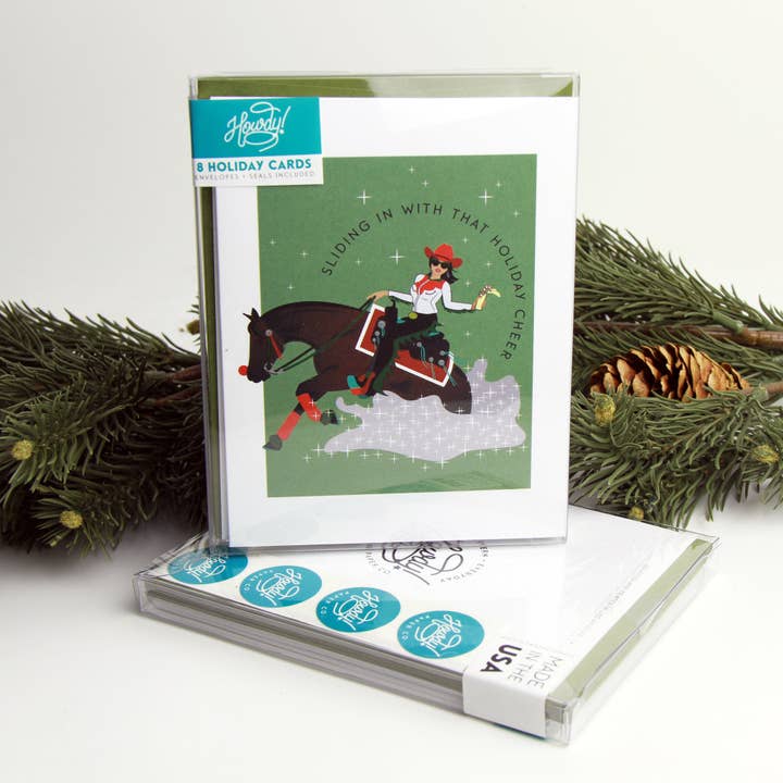 Hunt Seat Paper Co. - Wholesale Christmas Card - Sliding In Holiday Card - Reining Horse Cowgirl Christmas3