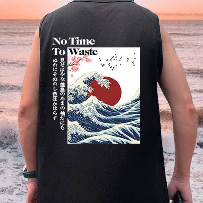 The Great Wave Letter Print Singlet Men's Tank Top for wholesale by novaxau