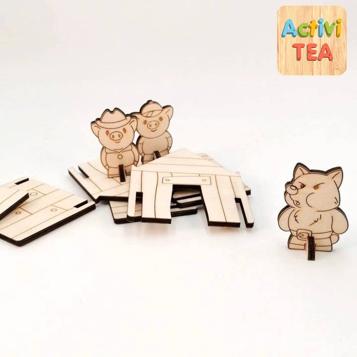 Activitea - Wholesale Wood Toy - Kids - Wooden houses with the three little pigs and the wolf1