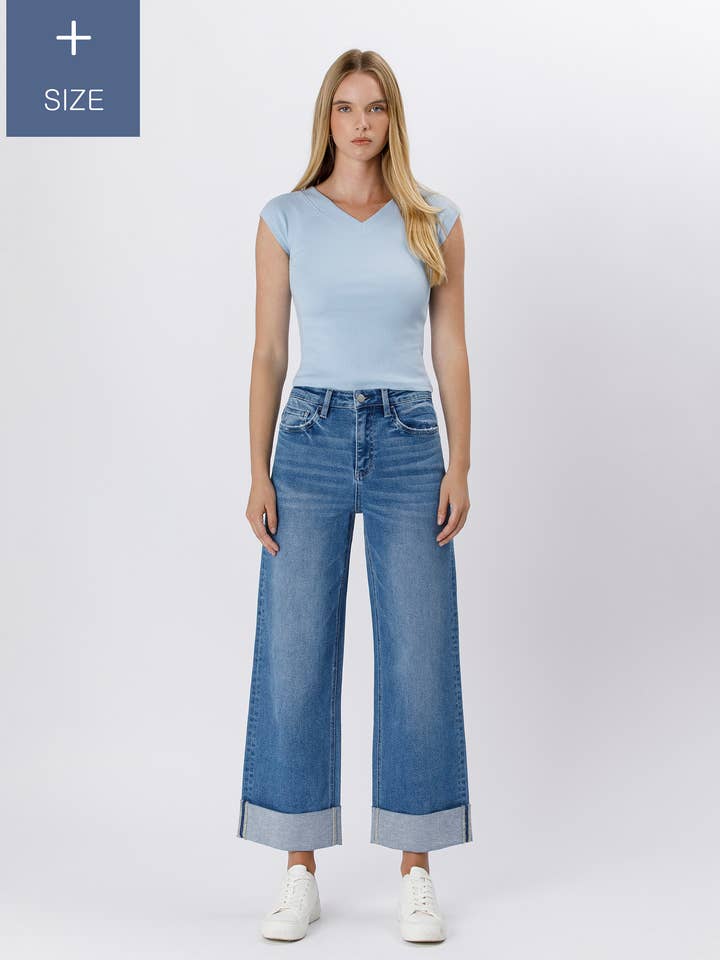 PLUS SUPER HIGH RISE DUBBEL OMGEVOUWEN BAGGY WIJDE JEANS LV1571-P voor wholesale door Lovervet by VERVET