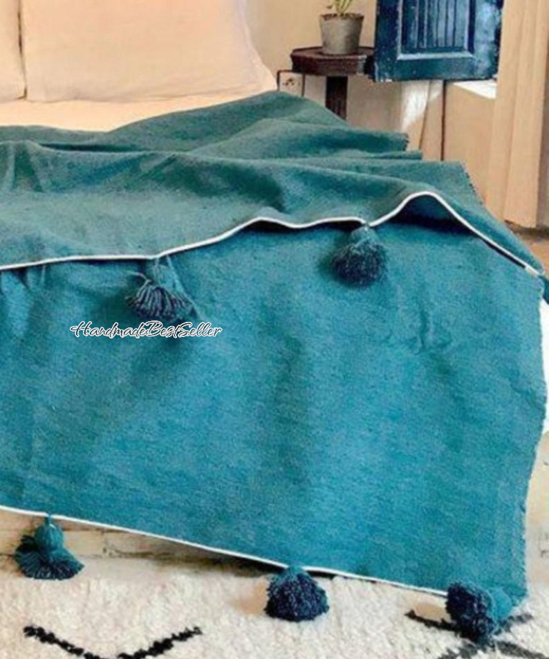 HandmadeBestSeller – wholesale Throw blanket – Handmade Emerald Green Moroccan Pom Pom Blanket 2