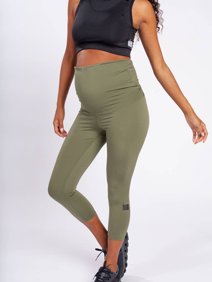 Betty Cropped Maternity Activewear Leggings in Green | Postpartum Leggings for wholesale by duoFIT Maternity Activewear