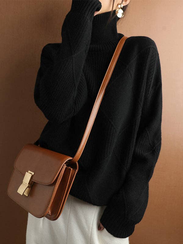 ShieldChic - Wholesale Knit Sweater - Women's - Loose Jacquard Solid Color High-Neck Sweater Tops15