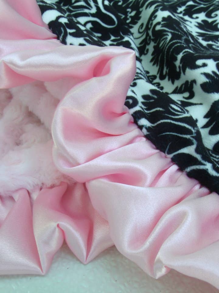 Personalized Damask & Pink Minky Baby Blanket for wholesale by Minkee Baby Gifts