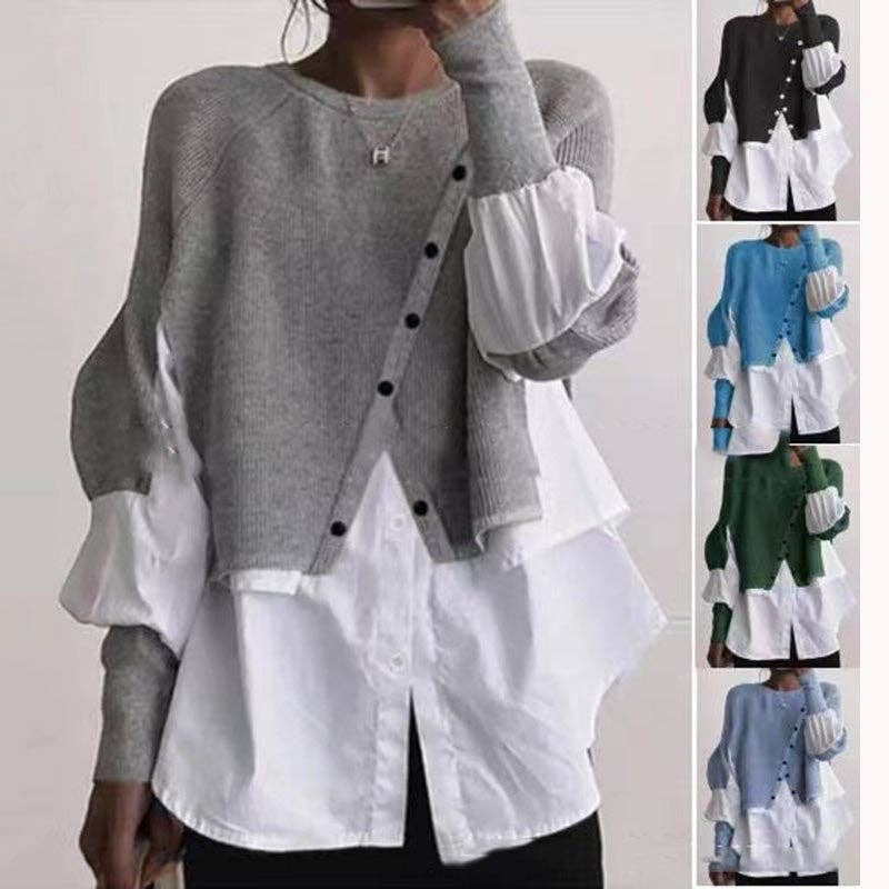 FurDecoration - Vente Pull en maille – femme - Pull décontracté à manches longues et col rond en patchwork6