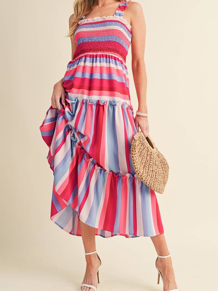 Rød stribet flæsede stropper med smocket lagdelt lang kjole for engroshandel hos EG fashion