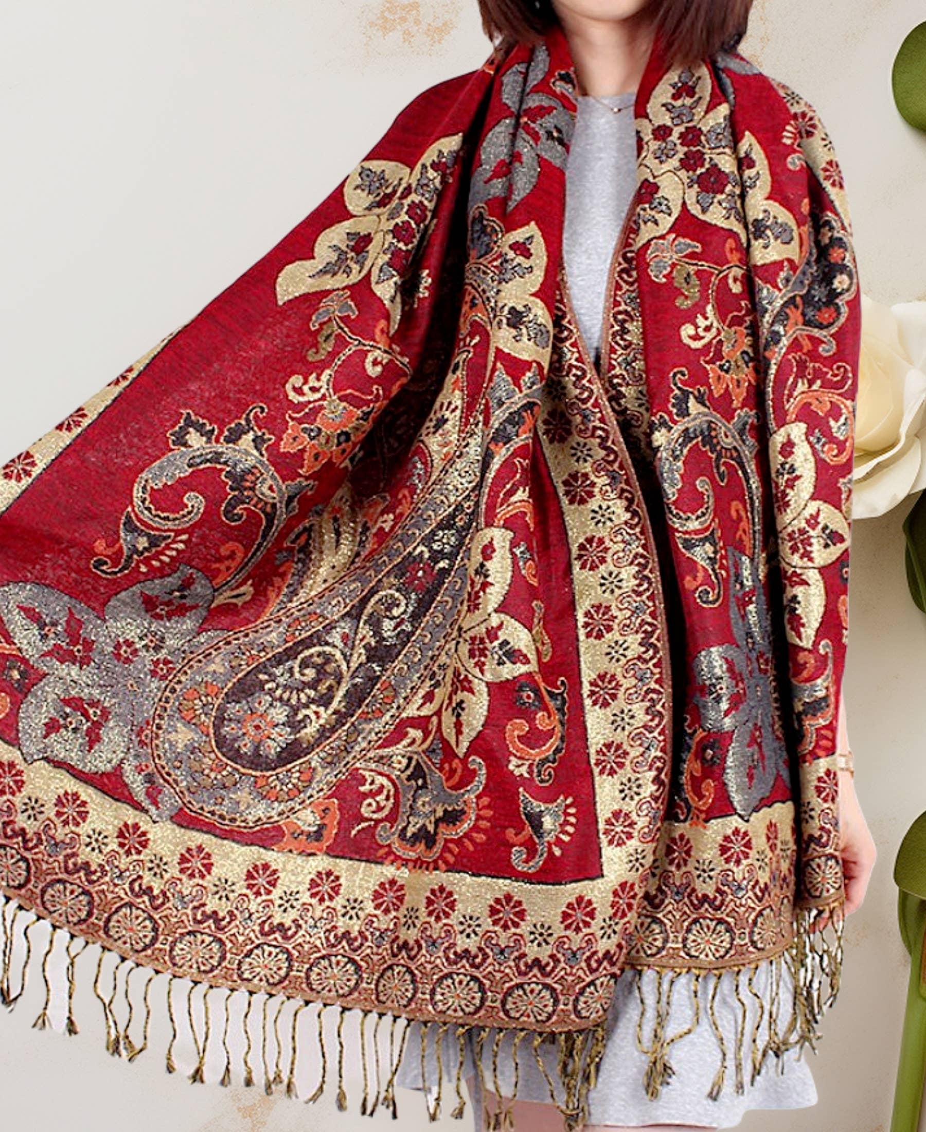 JC Sunny Fashion - Wholesale Scarf - Women's - Gold Metallic-Thread Paisley Pashmina Scarf