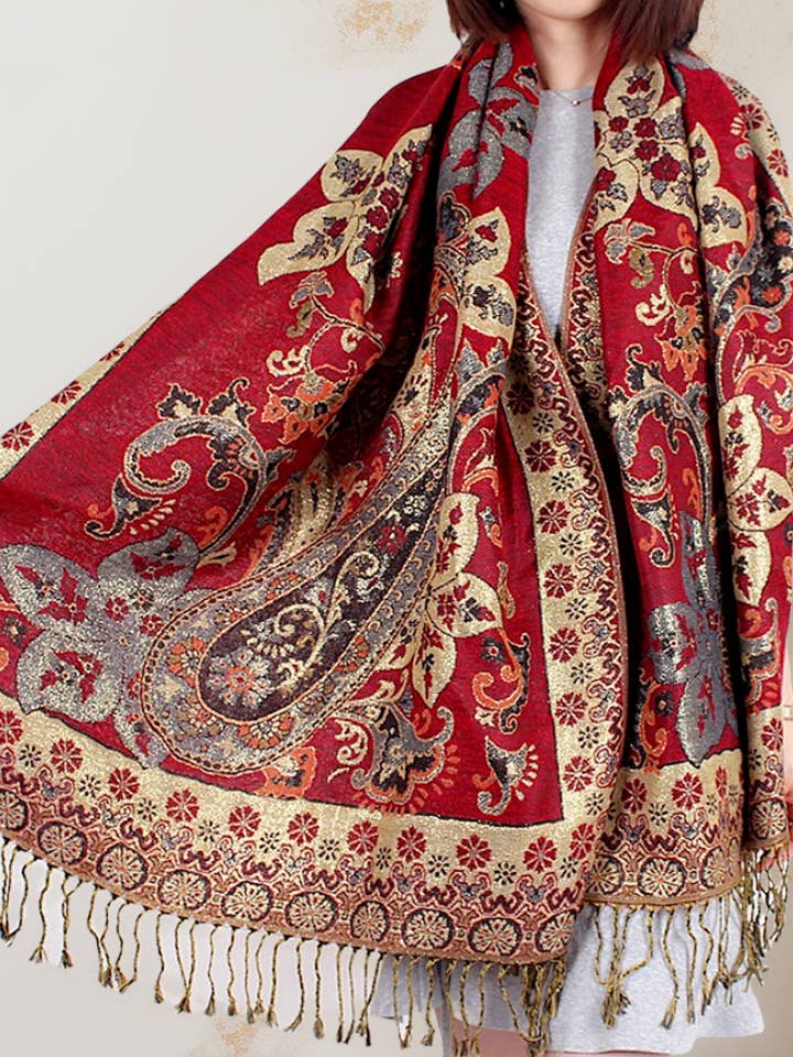 Gold Metallic-Thread Paisley Pashmina Scarf for wholesale by JC Sunny Fashion