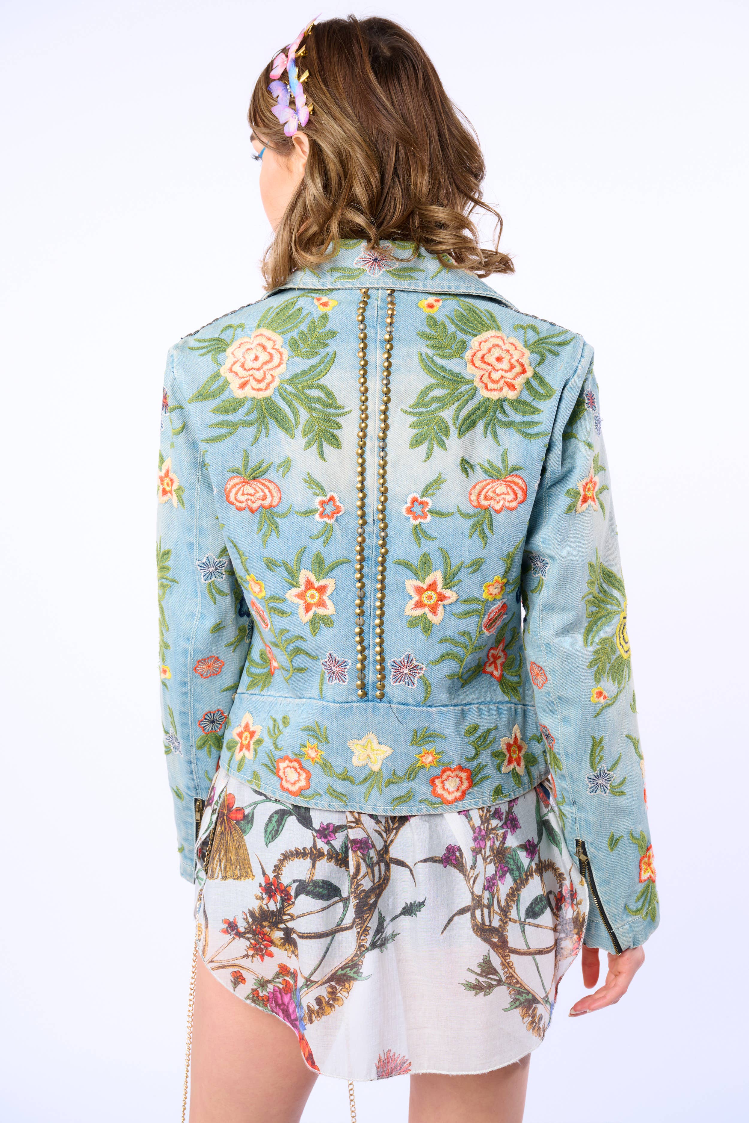 Lucinda Embroidered Denim Motorcycle Jacket for wholesale on Faire14