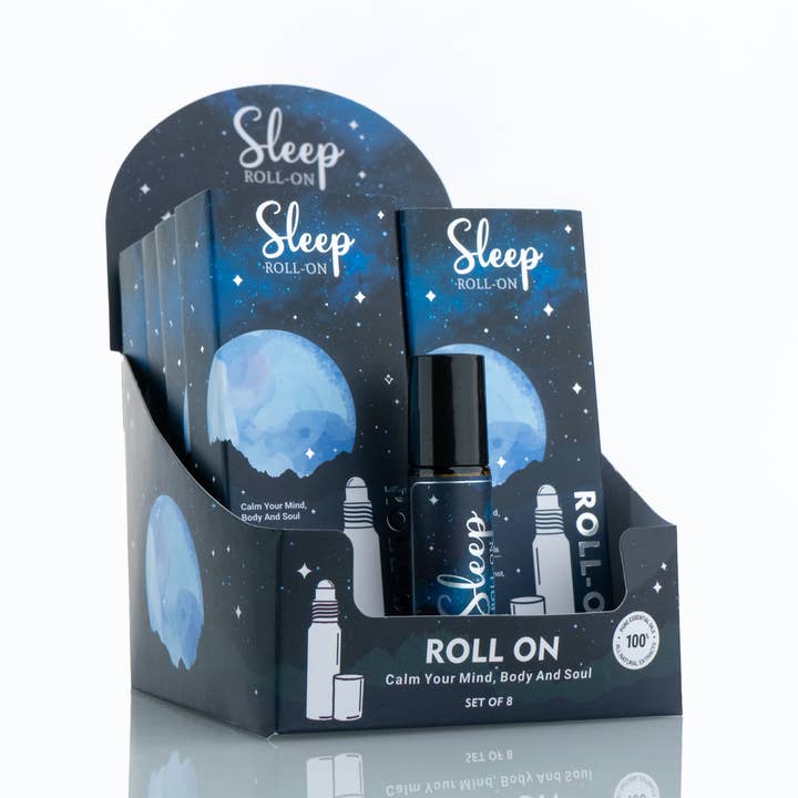 Présentoir de 8 flacons de Roll-On Sommeil pour la vente par R. Expo/Song of India