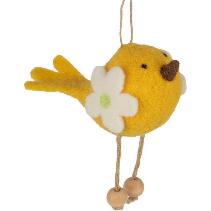 A23436 : Oiseau en feutre orn, jaune, pattes en jute, pieds en boule de bois, 4,75 pouces pour la vente par Silver Tree Home & Holiday