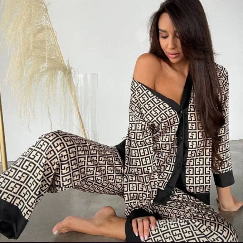 BLACK Luxurious Printed Silk Pajama Set for wholesale on Faire0
