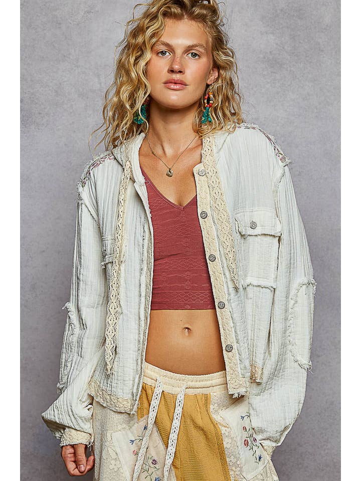 Pol Clothing - Wholesale Jacket - Women's - Vintage washing double gauze stitch detail hoodie jacket9