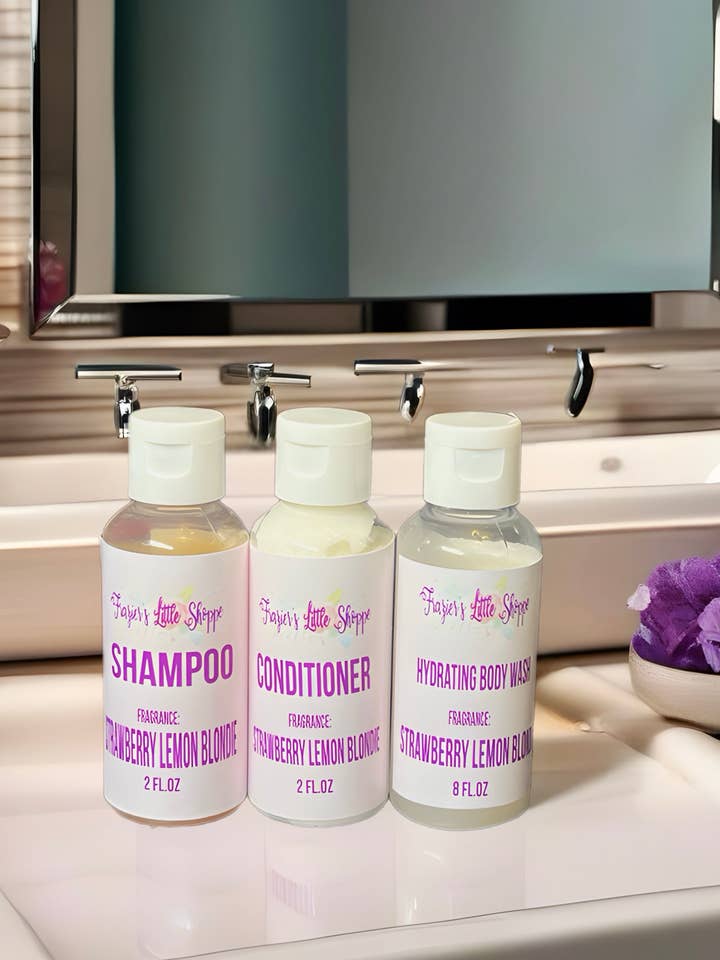 Shampoo, balsam og fugtgivende kropsvask prøvesæt - 2 oz hver for engroshandel hos Fraziers Little Shoppe