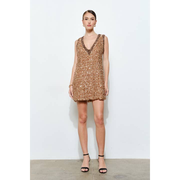 INA - Wholesale Dress – Women's - Luxe Sequins Two Tone Trim Deep V-Neck Mini Dress13