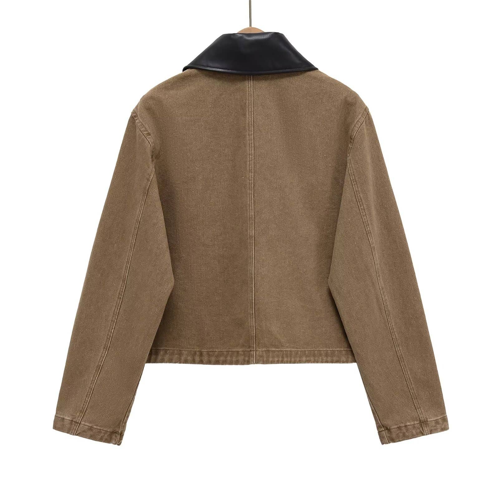 KHAKI Stitching collision color lapel denim jacket for wholesale on Faire1