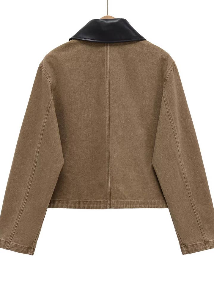 KHAKI Stitching collision color lapel denim jacket for wholesale on Faire1