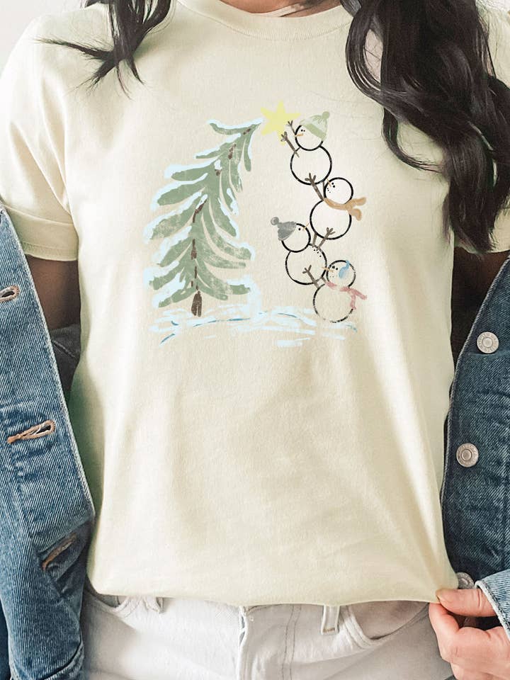 Kissed Apparel - Wholesale Screen Printed T-Shirt - Women's - Snowmen Decorating Tree with Star Graphic Tee3