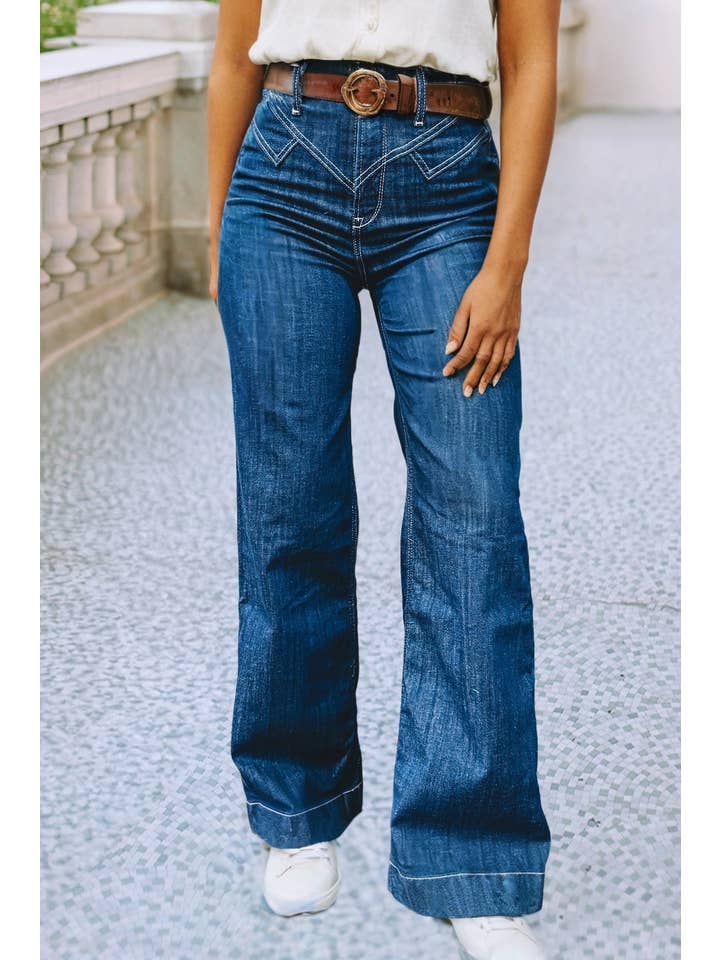 Sail Blue  LDC Stitched Waist Detail Loose Cuffed Jeans for wholesale on Faire0