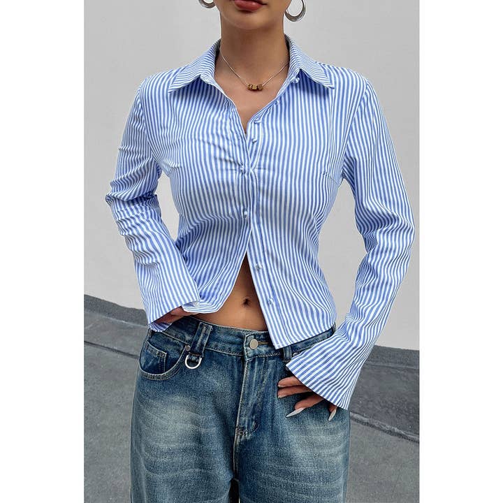 Supreme Fashion - Wholesale Blouse - Women's - Button Down Striped Slim Fit Long Sleeve Blouse3