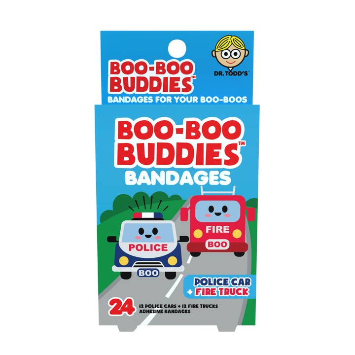 Børneplastre – Politibil + Brandbil (24 stk., Latexfri) for engroshandel hos Boo Boo Buddies