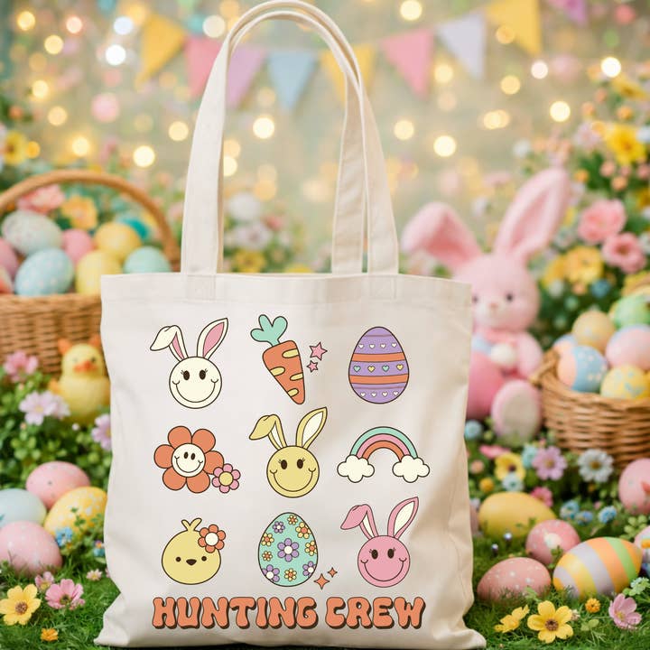 Easter Tote Bag Retro Easter Bunny Tote Hunting Crew for wholesale by RusticPrintStudio