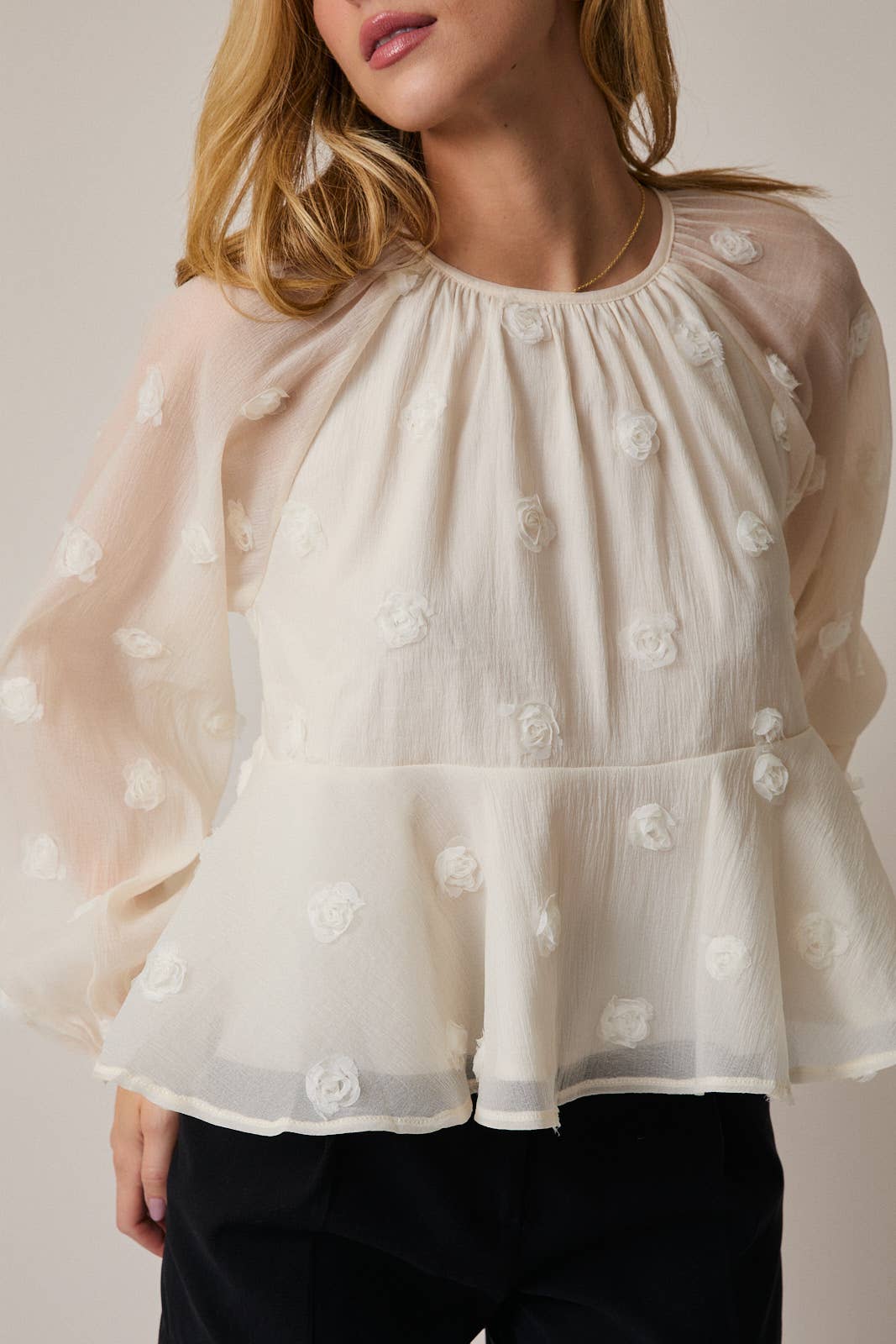 Sunday Edition - Wholesale Blouse - Women's - ROUND NECK LONG SLEEVE TIERED MESH BLOUSE14