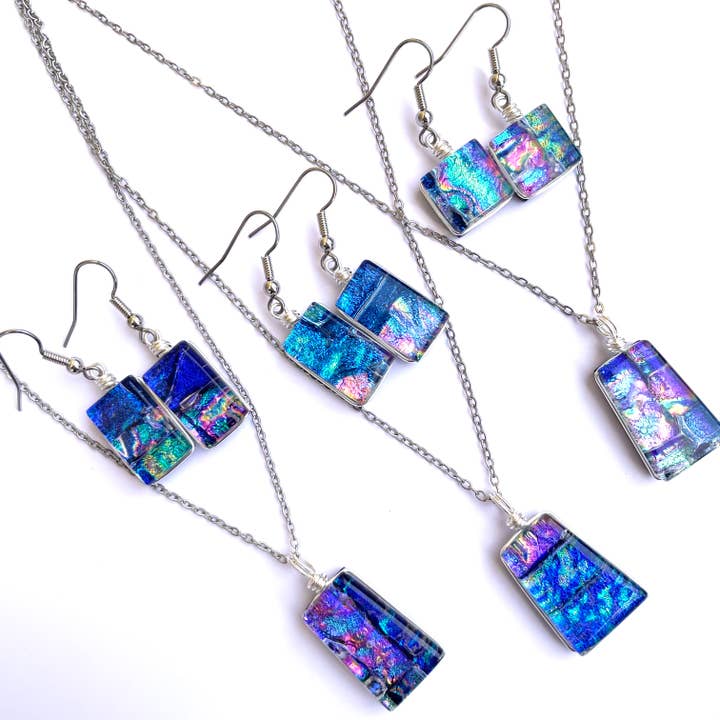 3 (One-of-a-Kind) Mosaic Dichroic Pendant & Earring Sets for wholesale by Flame Work Designs - Glass Jewelry