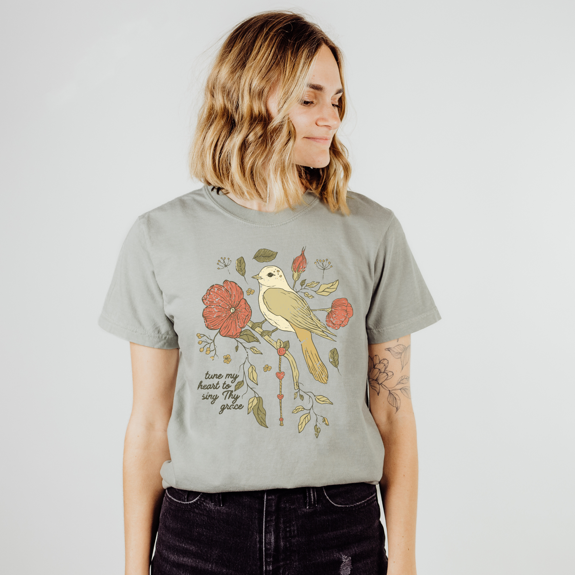 Scripted Pearl - Wholesale T-Shirt (Graphic) - Women's - Tune My Heart with Bird Comfort Colors Christian Graphic Tee6
