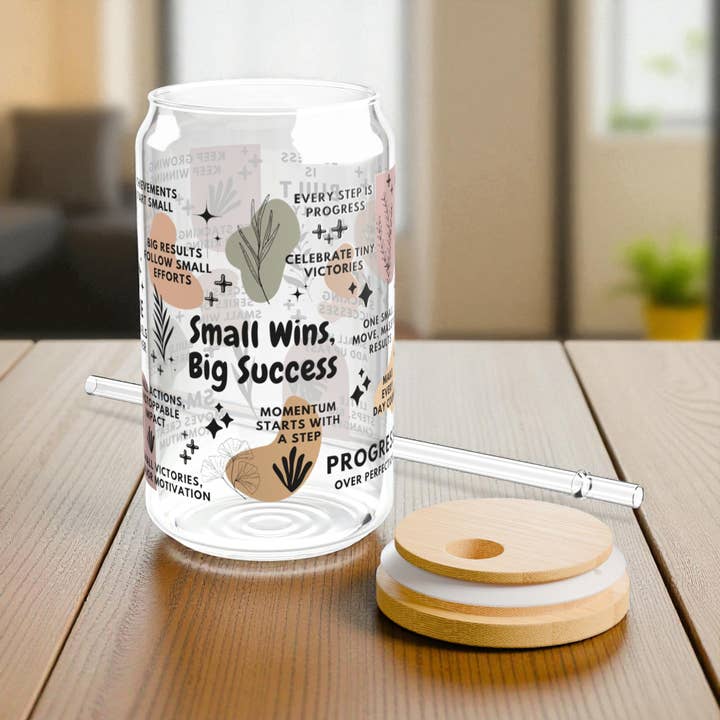 Small Wins Big Success Sipper Glass Tumbler Gift; 16oz for wholesale by EMESLY