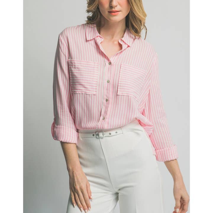 2078TK Striped Roll Up Long Sleeve Button Down Shirt for wholesale by Coloring You