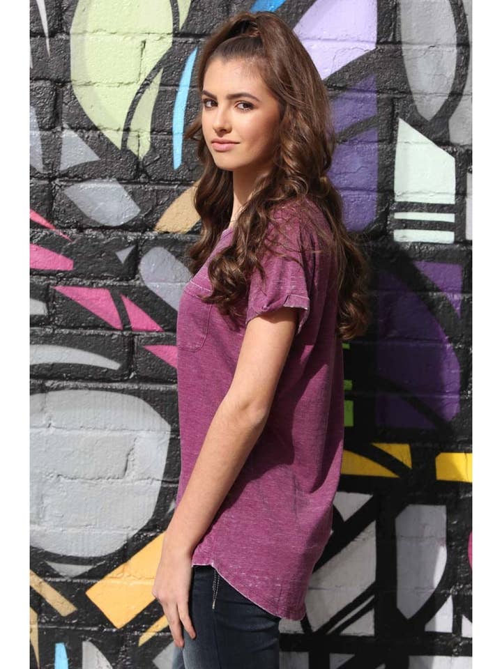 ANGIE - Wholesale T-Shirt - Women's - X2C97-HTHR BURNOUT 1 POCKET ROLLED SLEEVE T SHIRT22