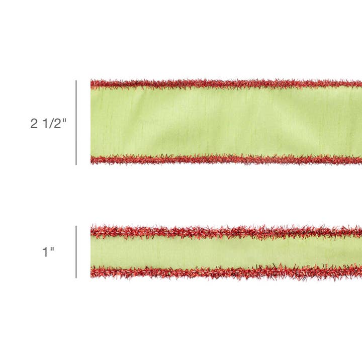 LA Ribbons Wholesale - Wholesale Ribbon - Gift Wrapping - 1" Wired Dupioni Ribbon | Green Apple w/ Red Tinsel Edging | 10 Yard Roll
4