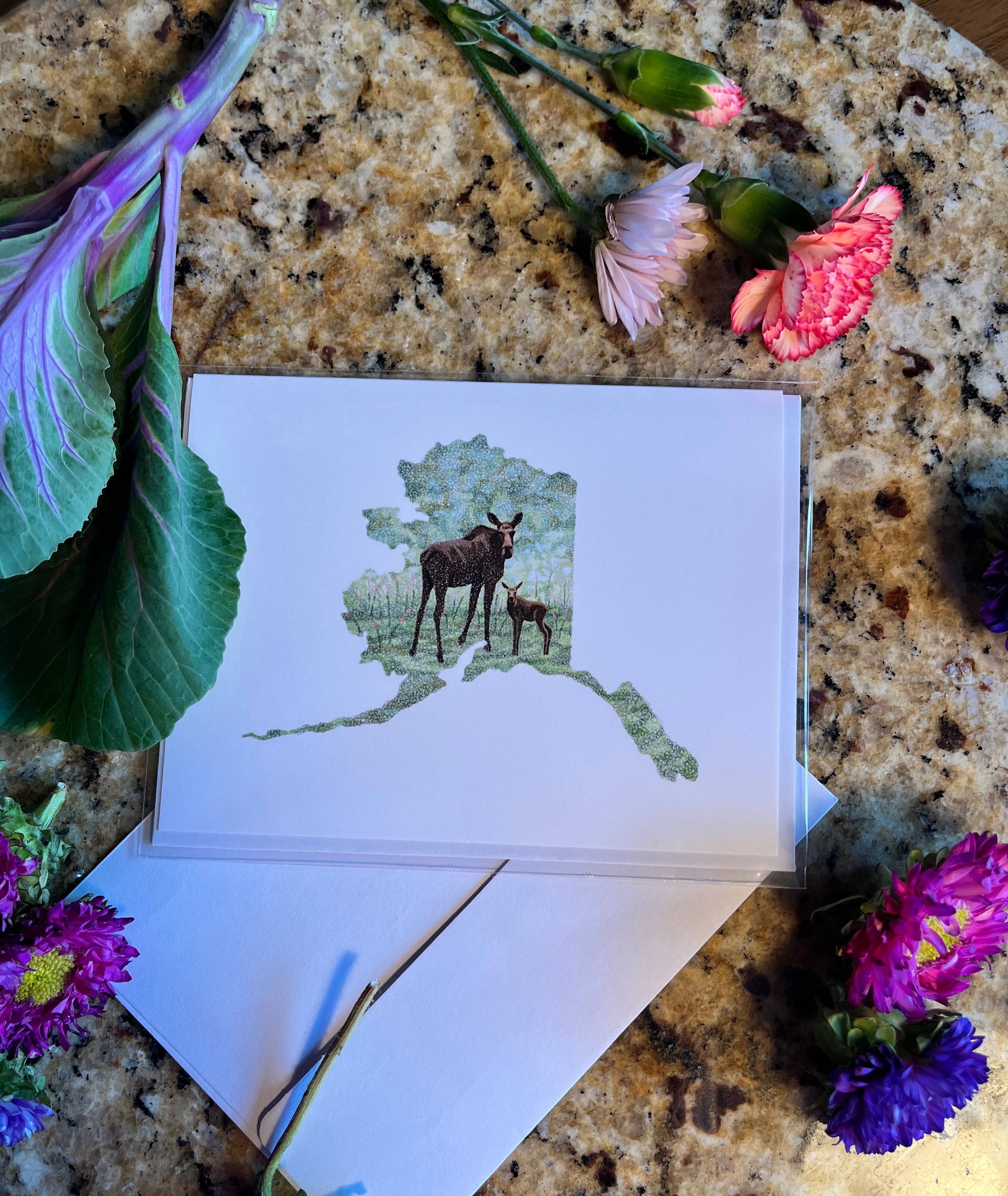 Sea Spray AK - Wholesale Everyday Greeting Card - Alaska State Map Momma Moose and Calf Greeting Card1