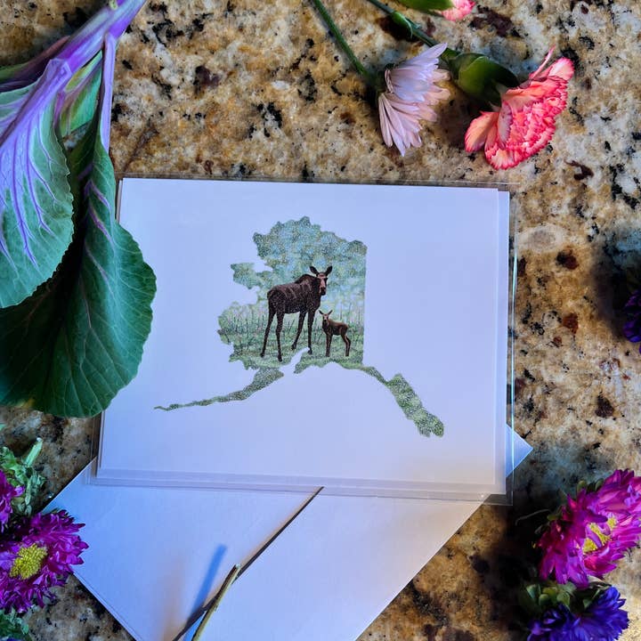 Alaska State Map Momma Moose and Calf Greeting Card for wholesale by Sea Spray AK