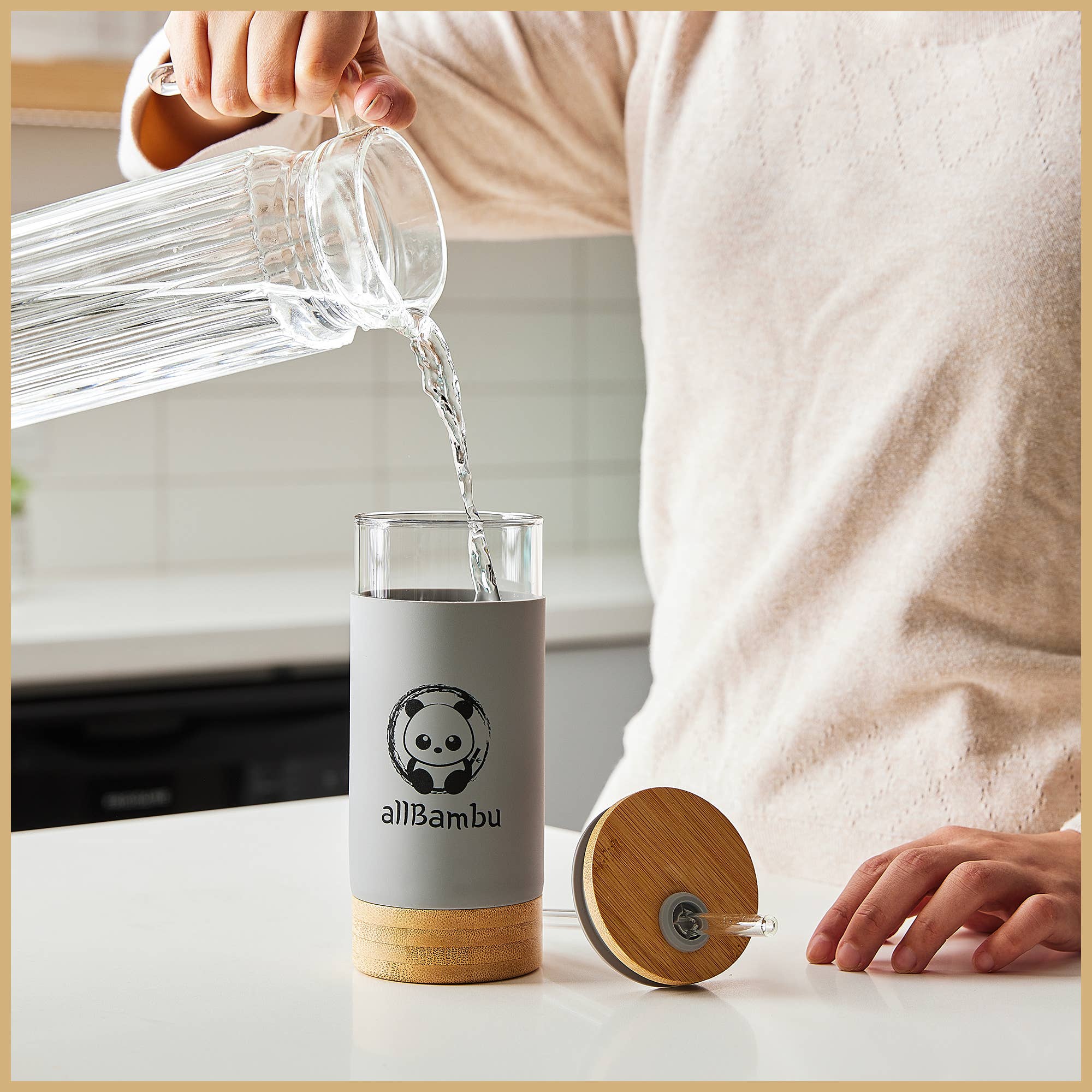 allBambu Inc - Wholesale Drinking Glass/Cup - Glass Tumbler, Glass Coffee Cup with Bamboo Lid & Straw 20oz5