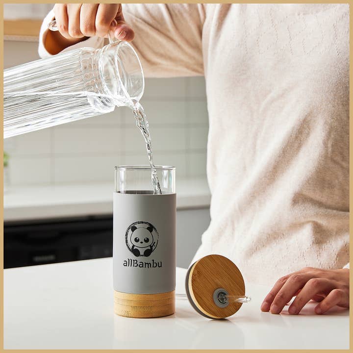 allBambu Inc - Wholesale Drinking Glass/Cup - Glass Tumbler, Glass Coffee Cup with Bamboo Lid & Straw 20oz5